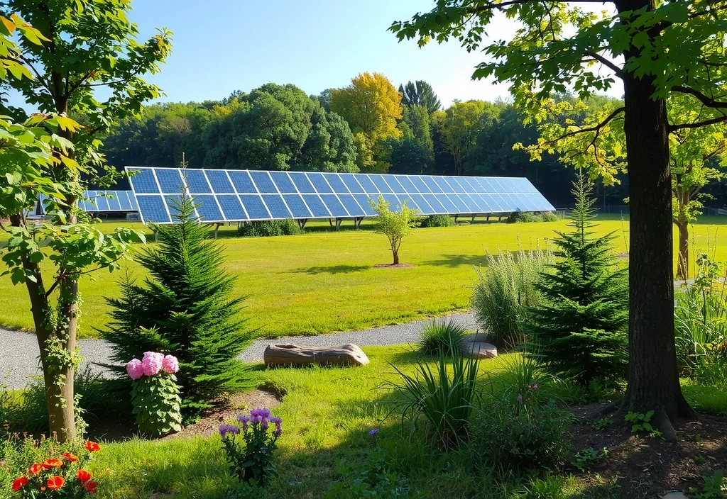 Forêt reconstituée avec des panneaux solaires en arrière-plan, symbolisant l'engagement environnemental