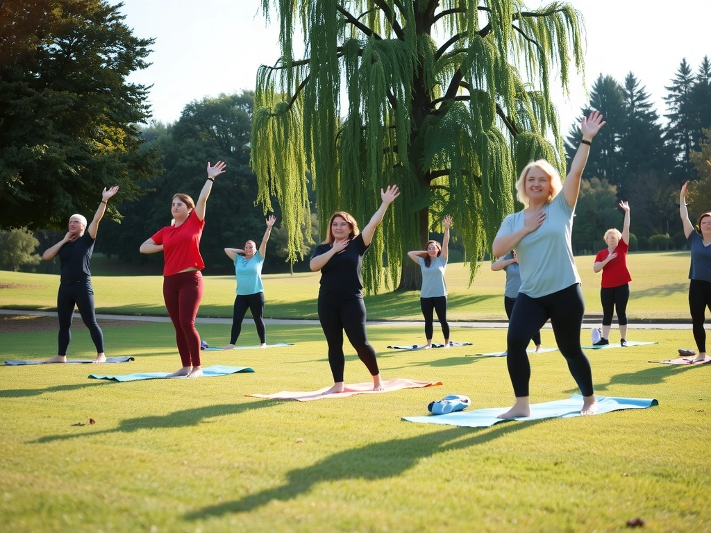 Visuel de personnes en bonne santé pratiquant le yoga dans un parc, représentant le bien-être holistique
