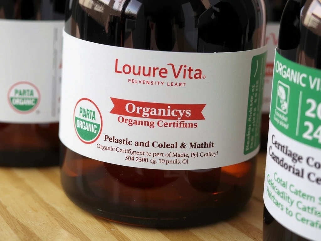 Étiquettes de certification bio et qualité sur des produits Louvrevitacv